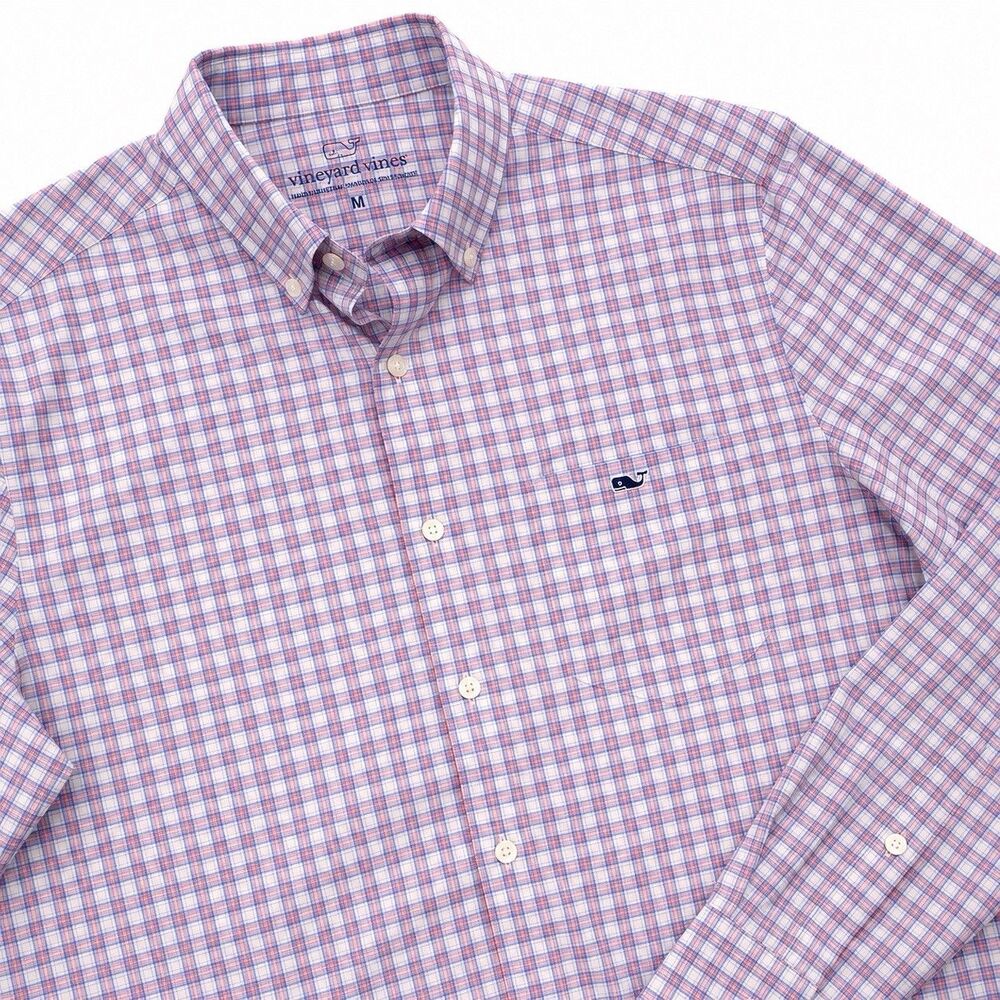 Vineyard Vines OTG Men's M Orange Blue Plaid Performance Shirt Long Sleeve
